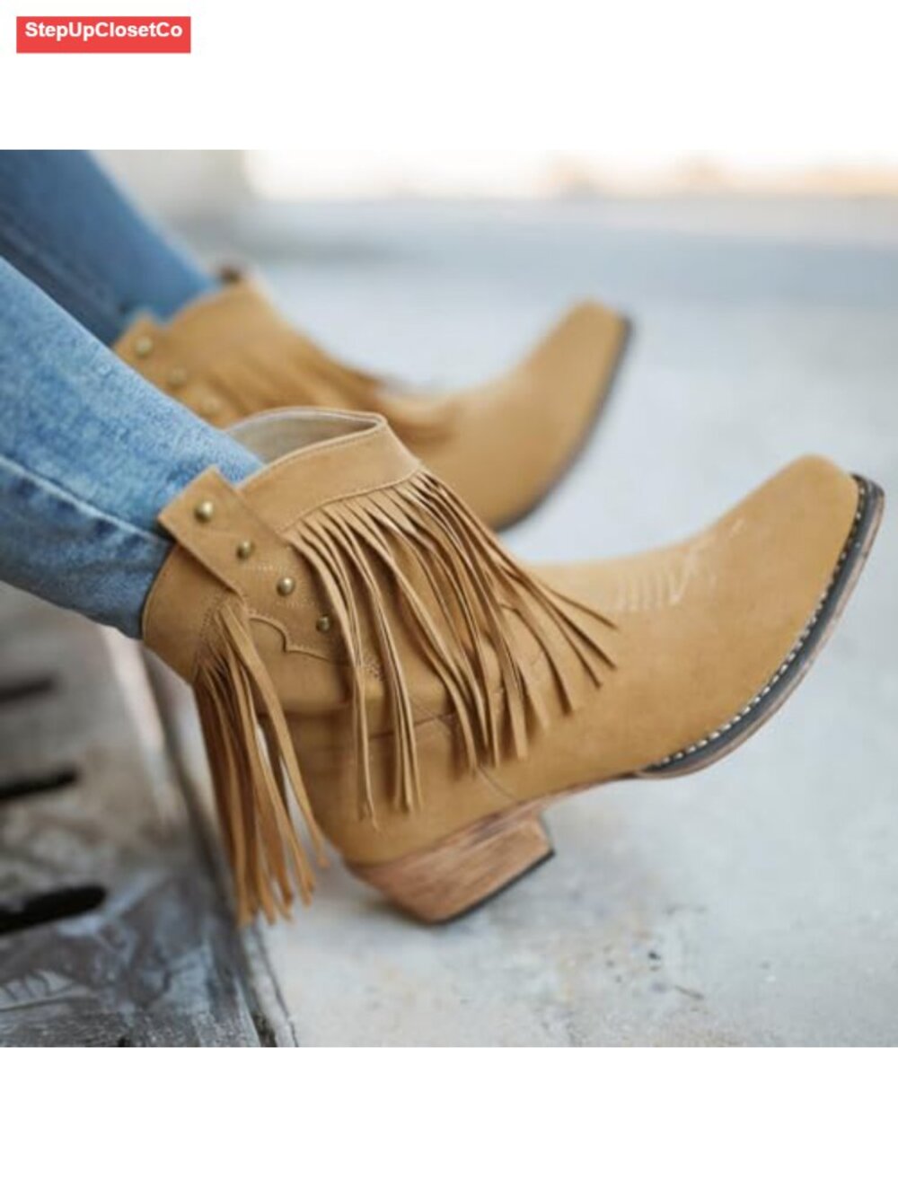 Women's Suede Fringe Western Mid Calf Cowgirl Boots Chunky Block Heel Pull-On - Picture 6 of 6